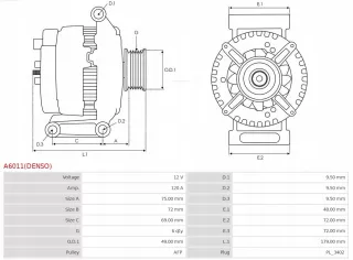 A6011(DENSO) Генератор Ford Focus 3 Арт AL13373664086, вид 12